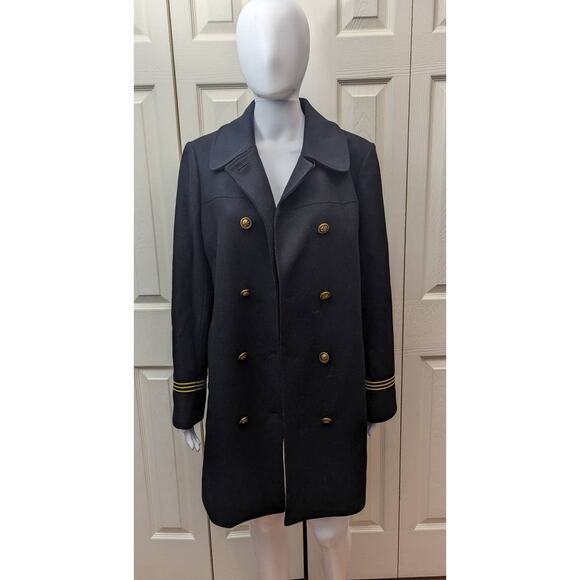 Tory Burch Pea Coat Size 10 Wool Military Double Breasted Gold Logo Buttons - Picture 3 of 16